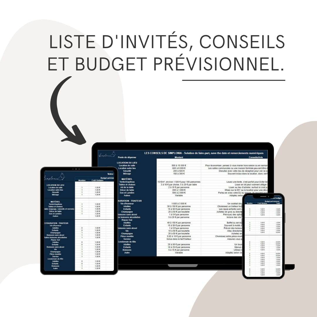 Liste d'invités, conseils et budget prévisionnel mariage - Offert